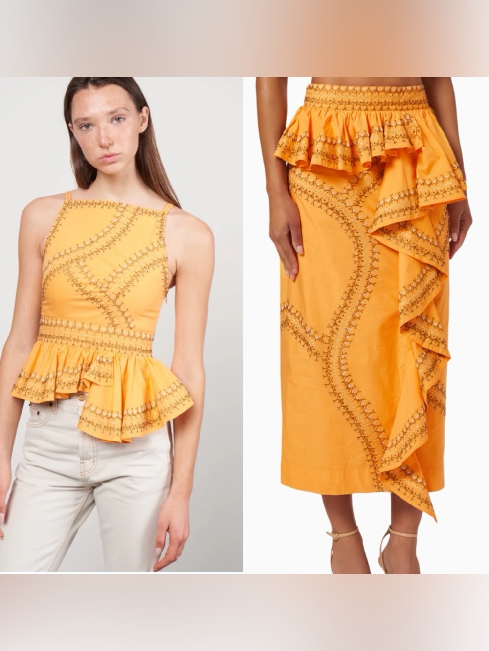 Ulla Johnson Ruffle Embroidered Cotton-Poplin Midi Skirt &  Pilar Top papaya 4